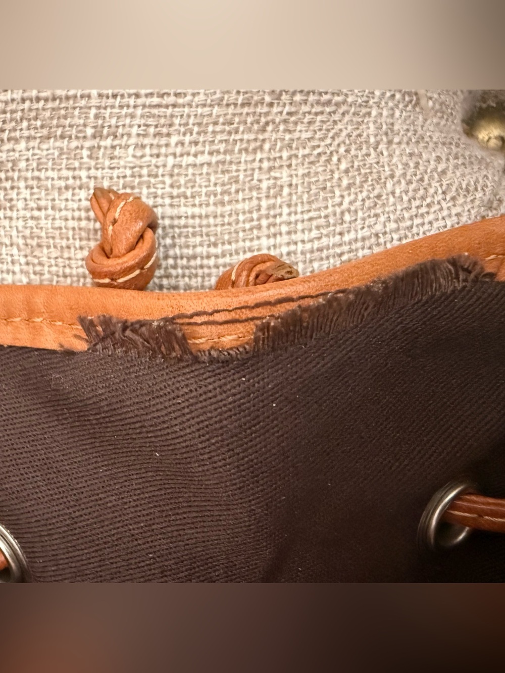 Valentina Italian Leather Two-Tone Brown & Tan Drawstring Bucket Shoulder Bag - Picture 13 of 15